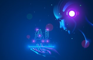 Cyborg woman looking at AI logo